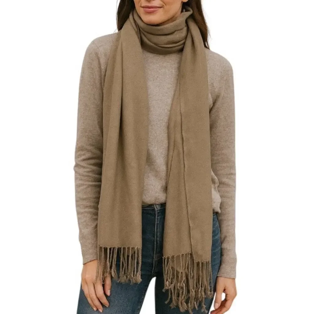 Women’s Bundle 3 Oblong Scarfs Solid Neutral Color Fringe Tan Orange Brown Tan